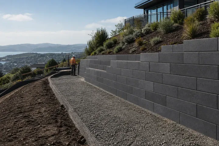 Straight charcoal concrete block retaining wall installation