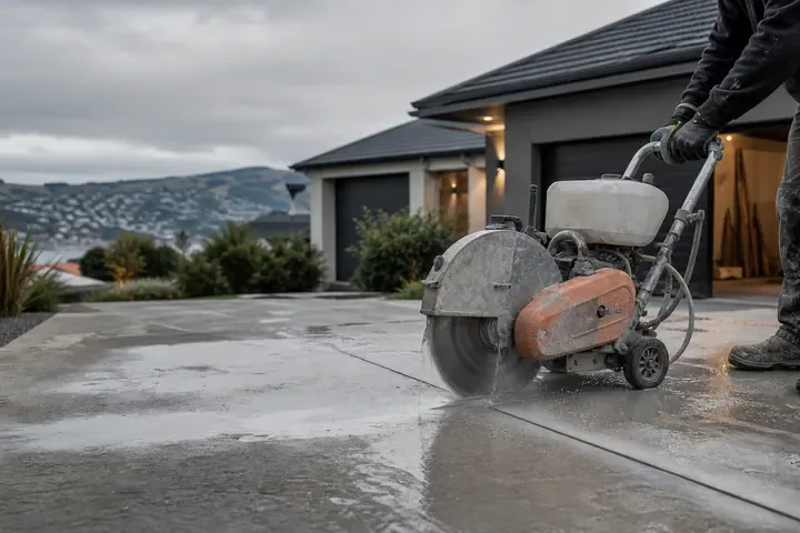 Precision concrete cutting equipment working on a driveway slab