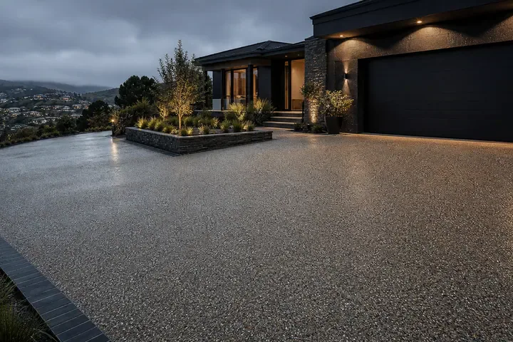 Premium exposed aggregate driveway with a dark garage