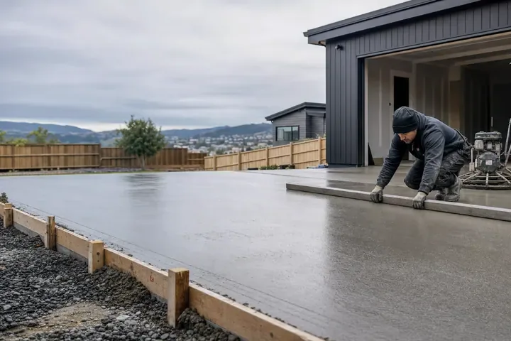 Concrete layers screeding and finishing a fresh slab