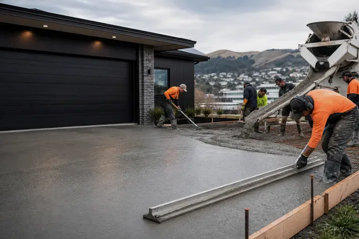 Concrete placement crew creating a smooth driveway finish