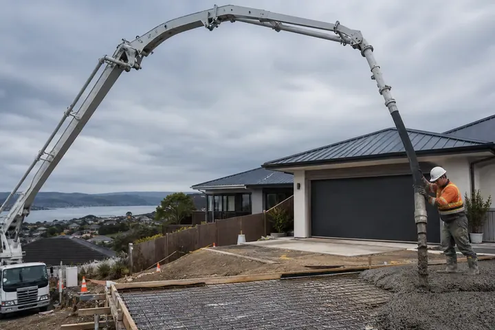 Concrete pump boom delivering concrete to a residential site