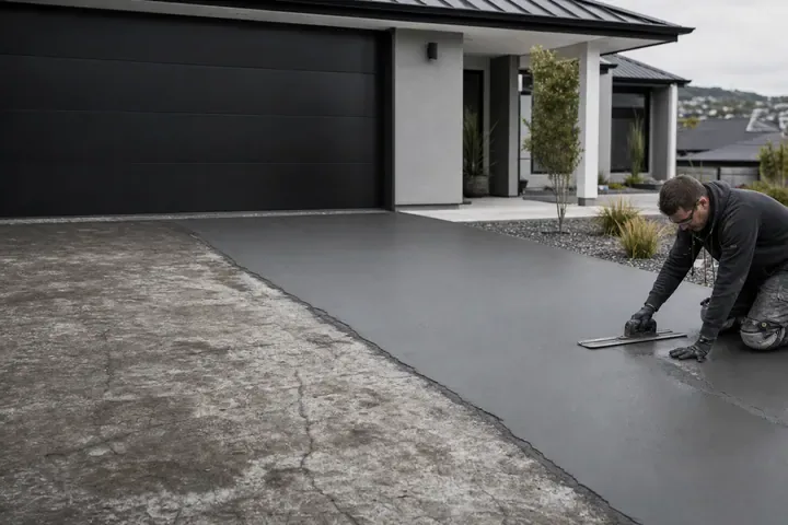 Concrete resurfacing application beside an older driveway surface