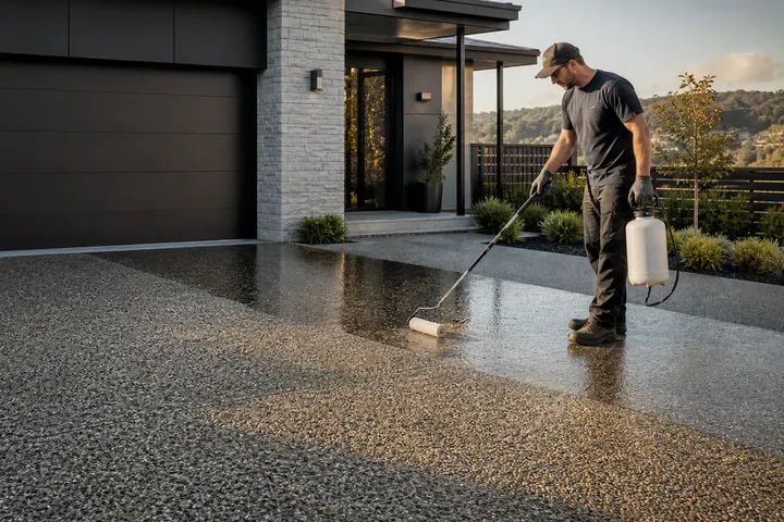Freshly sealed exposed aggregate concrete driveway