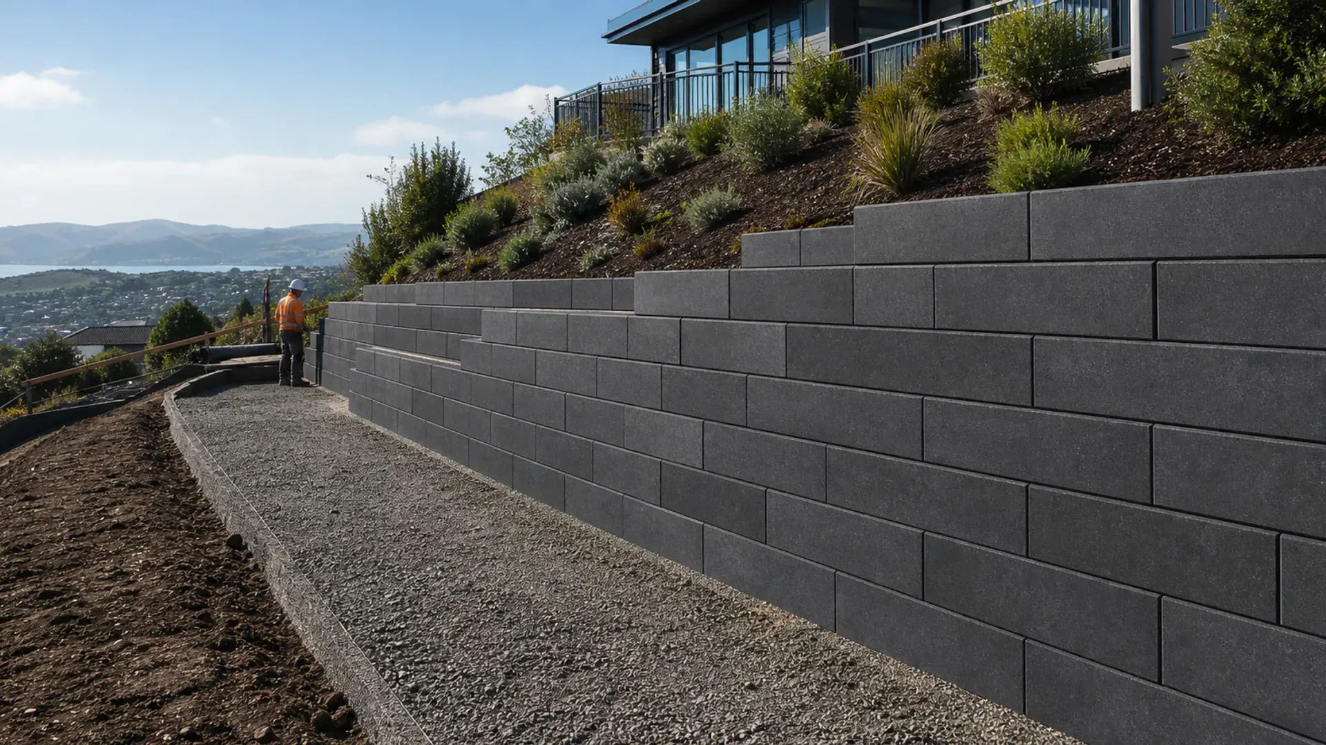 Modern concrete block retaining wall built on a sloped Dunedin property