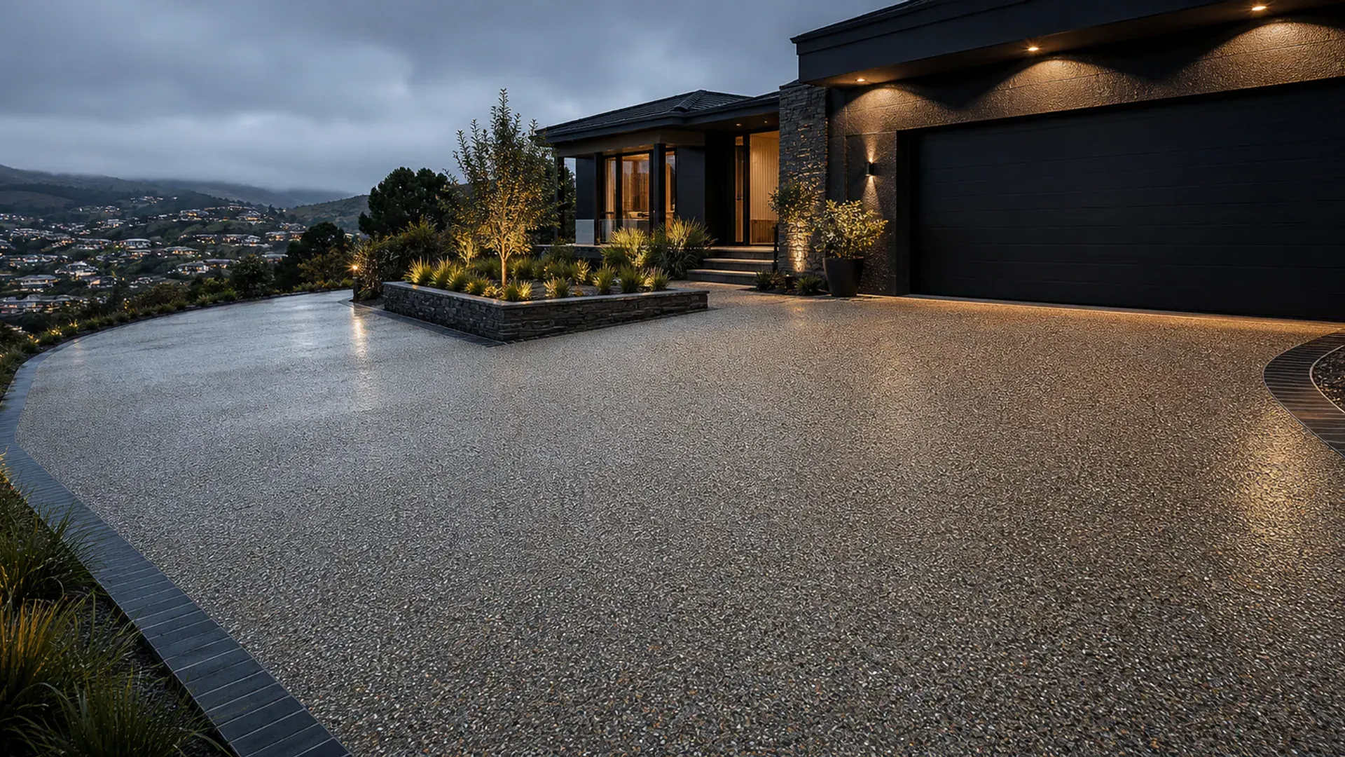 Exposed aggregate concrete driveway at a modern Dunedin hillside home