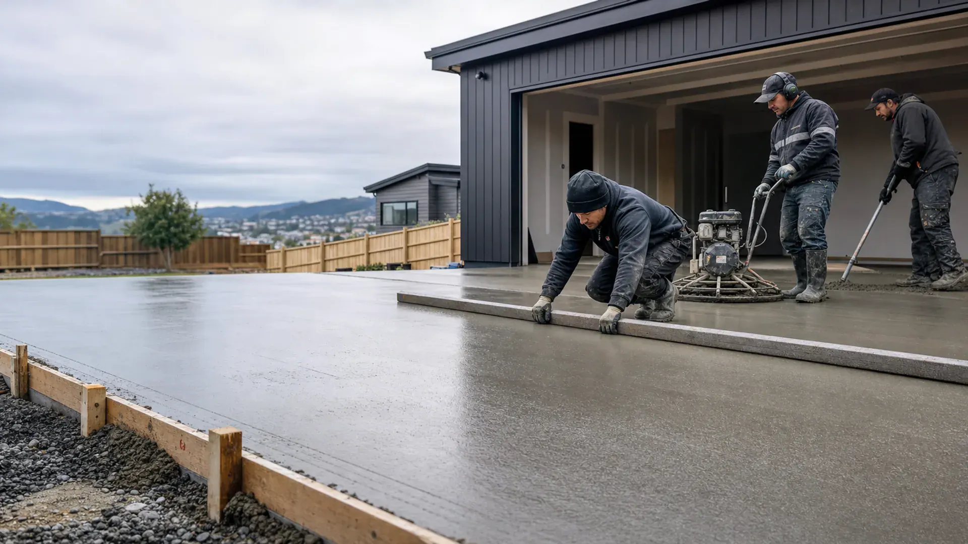 Experienced concrete layers finishing a level garage slab in Dunedin