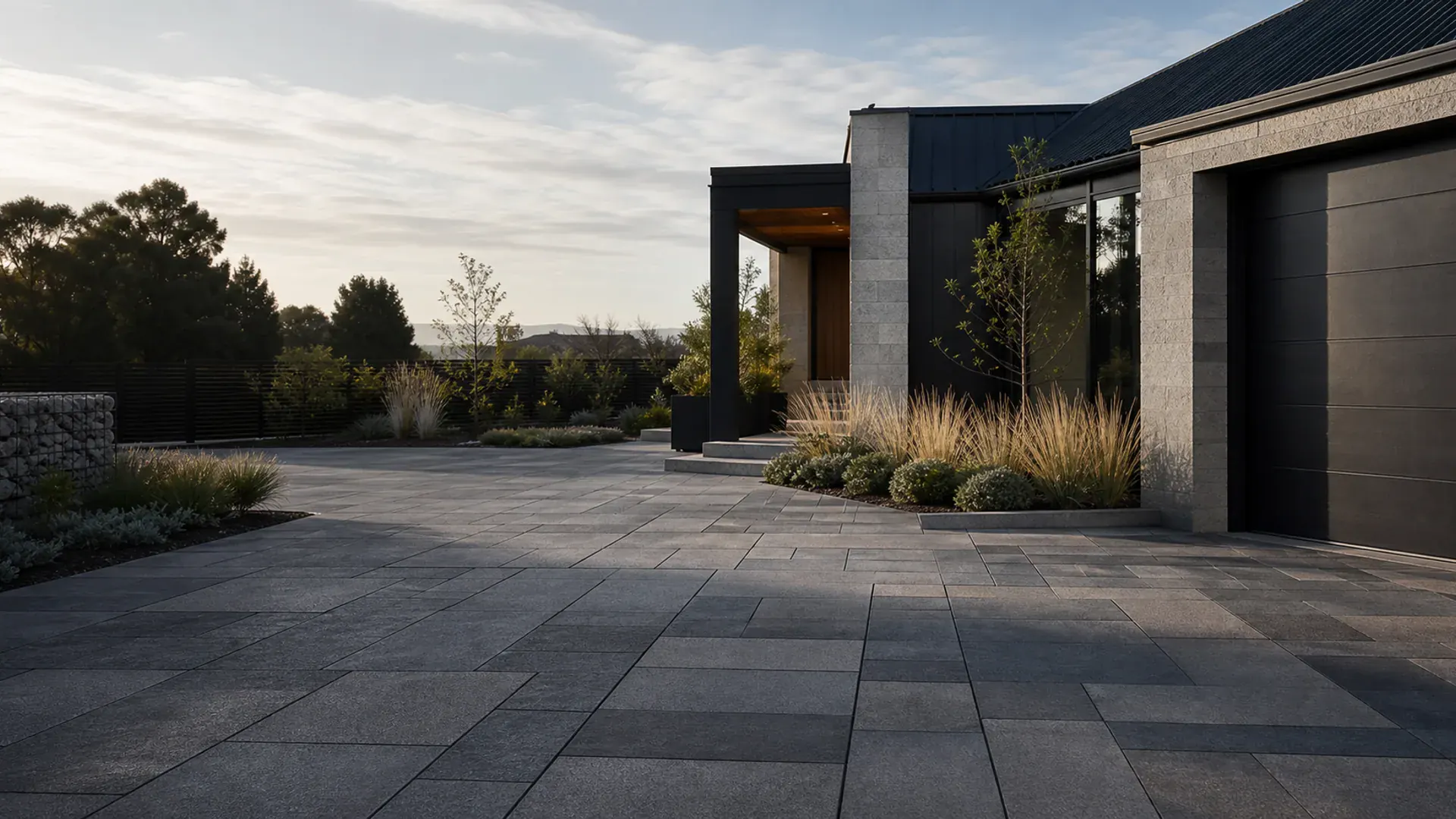 Contemporary concrete paver driveway at a refined Dunedin home