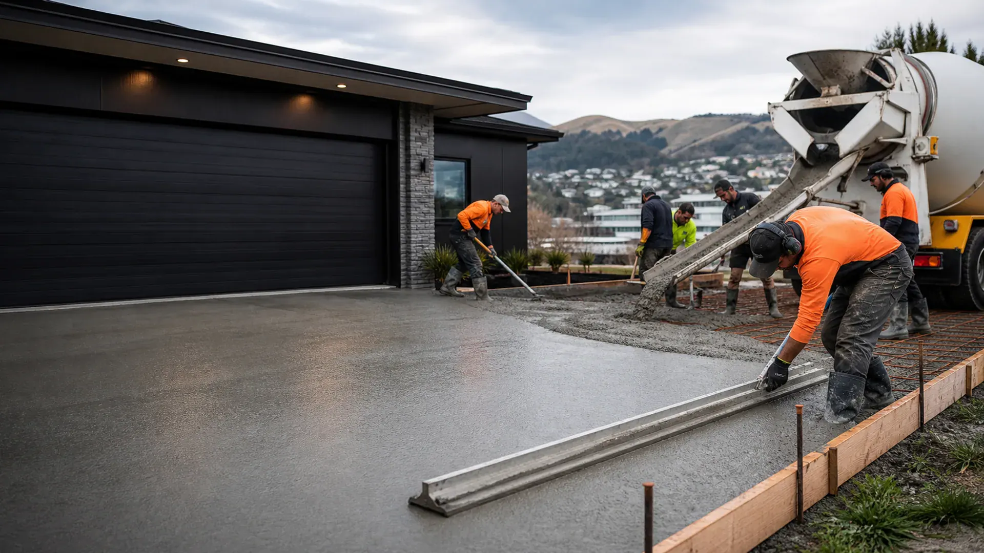 Concrete placers screeding a fresh residential driveway pour in Dunedin