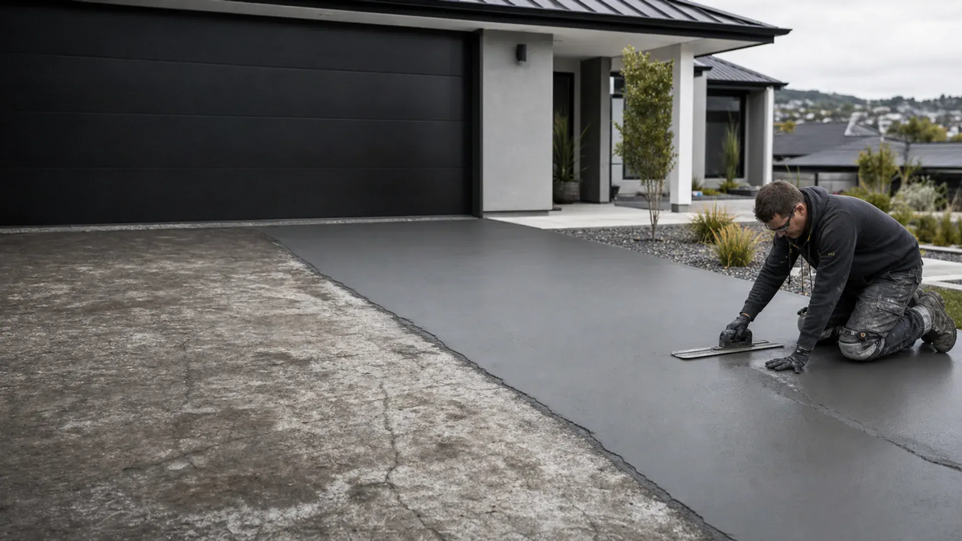 Driveway resurfacing showing worn concrete transformed with a smooth new overlay