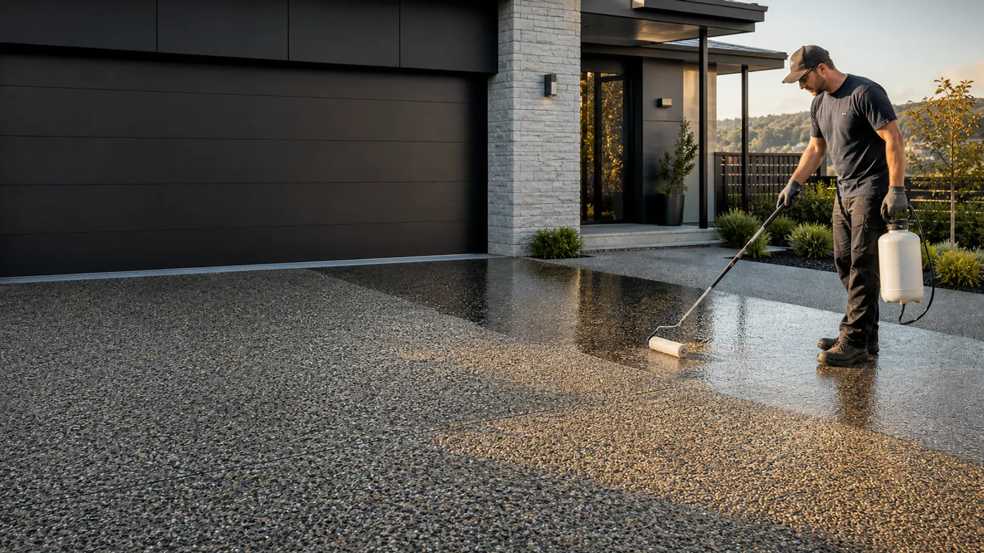 Professional applying protective sealer to an exposed aggregate Dunedin driveway