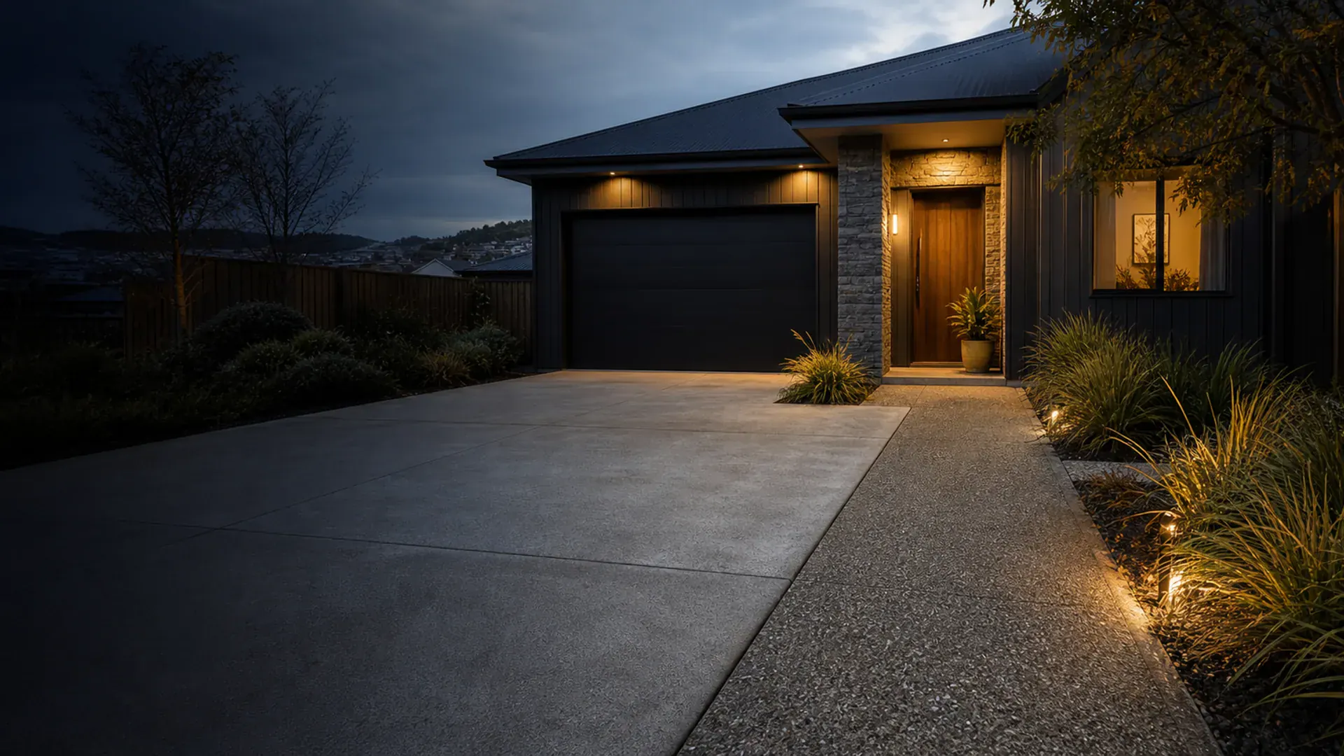 Welcoming finished concrete driveway at a Dunedin home