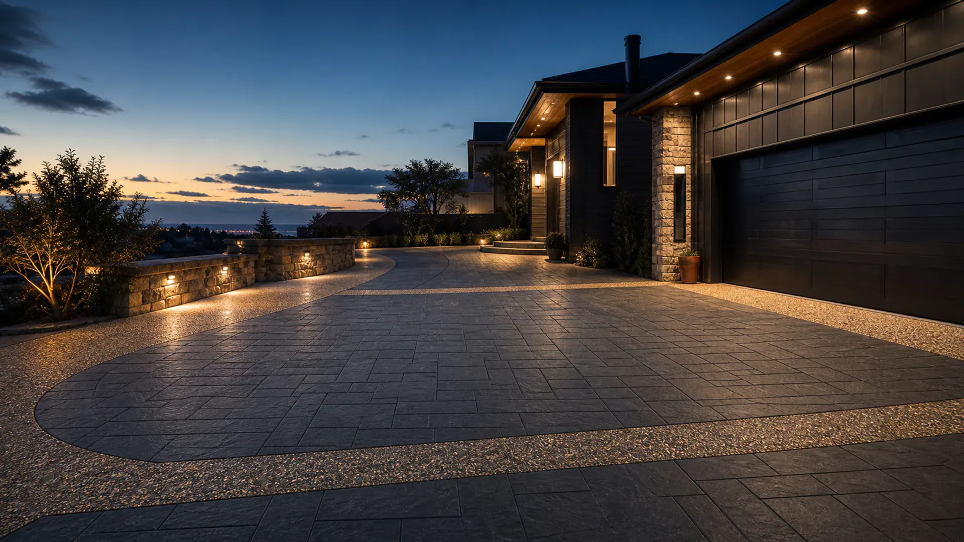 Premium decorative concrete driveway with aggregate and stamped finishes at dusk